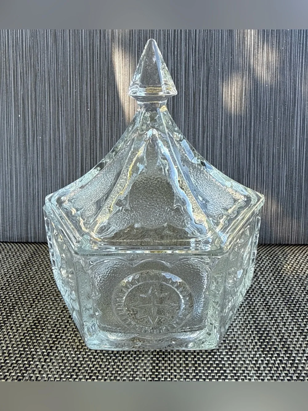 Vntg Glass Candy Dish w/ Lid American Eagle Star Hexagon 6
